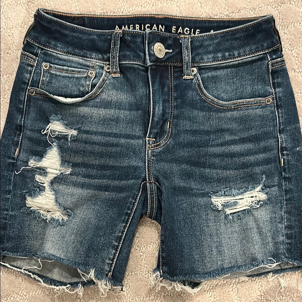 American Eagle Next Level Stretch Blue Distressed Jean Shorts
